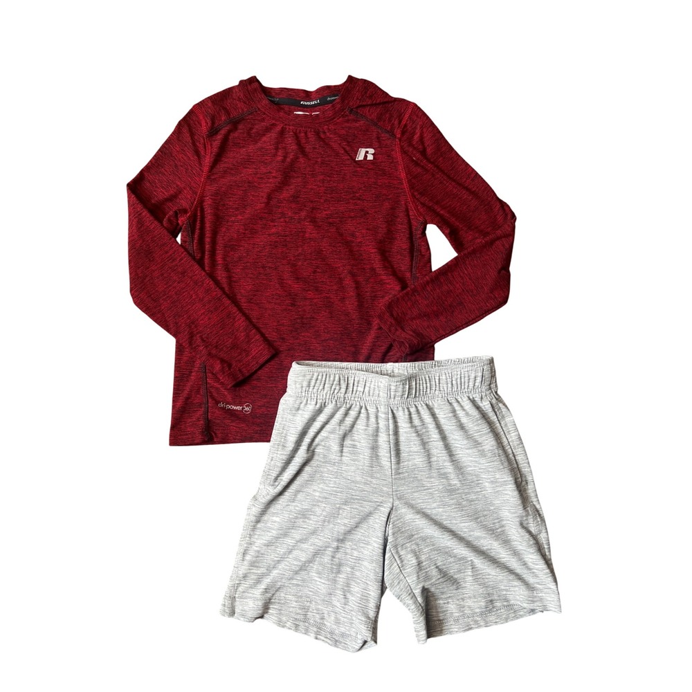 Kids Russell Dri-Power Shirt and Old Navy Active Shorts Set XS 4-5 Maroon Gray